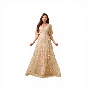 Romantic V-Neckline Lace Flounce Sleeve Waist Slim Chest Pleated Leaf Mesh Applique Maxi Women <b>Flared</b> A-Line Evening Gown Summer - Product Image 2