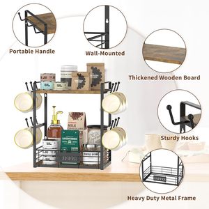 Estante de Pared de 2 Niveles Oniya <span class=keywords><strong>para</strong></span> <span class=keywords><strong>Tazas</strong></span> de Café con Cesta de Almacenamiento, 12 Ganchos, Torre de Almacenamiento de Madera Vintage, Estante de Exhibición - Product Image 3