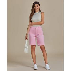 2025 pantalones cortos de mezclilla de verano Vintage de cintura alta para mujer, pantalones cortos informales elásticos largos con bolsillo de parche a la moda - Product Image 2