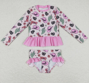 Longlv Nouveauté Été Maillot de Bain Fille Imprimé Pastèque Rose Volants 2 Pièces Manches Longues Respirant Nylon/Coton - Product Image 3