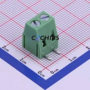 XY128R-A-5.0-2P Screw Terminal Block Bent Lead Through Hole,P=5mm Connector 1x2P 5mm Green Right Angle Insert - Product Image 1