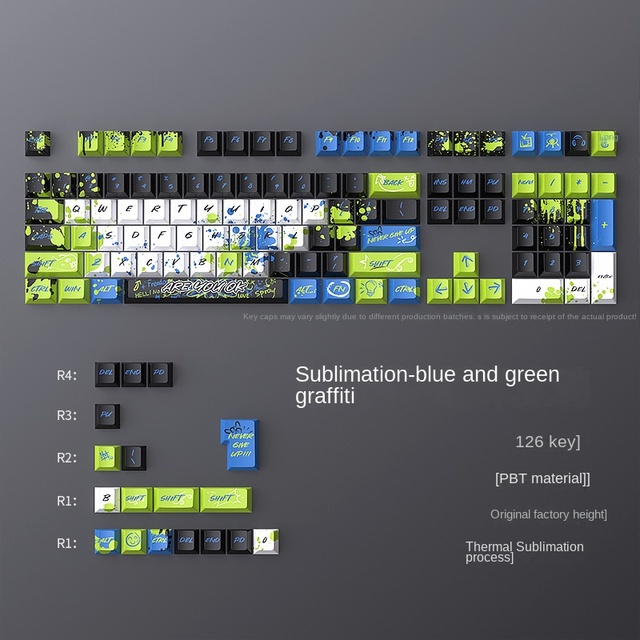 Wholesale Customized 126-Key PBT Keycap Set Blue Green Graffiti Sublimation Cherry Small Design