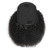 Extensions de cheveux brésiliens naturels afro crépus bouclés pour femmes noires, queue de cheval à clip avec filet et cordon de serrage, queue de cheval afro crépue bouclée noire