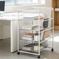Chariot de rangement multifonctionnel à 4 niveaux avec paniers en treillis métallique, roulettes pivotantes et plateau en bois pour la maison et le bureau