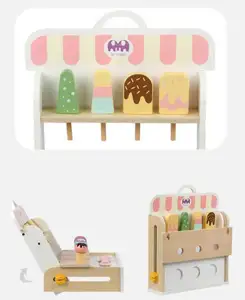 Children's Kitchen Toys Wooden Ice Cream Counter Pretend Play Toys For Kids Role Play Wooden Food Games Gift For Boy And Girl