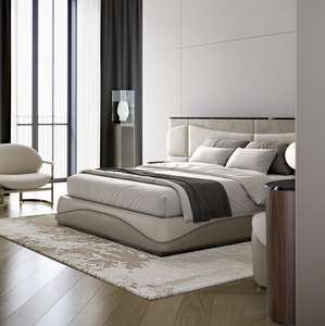 Set <span class=keywords><strong>Letto</strong></span> <span class=keywords><strong>Matrimoniale</strong></span> Moderno di Lusso <span class=keywords><strong>con</strong></span> Design Artistico Ondulato, <span class=keywords><strong>Letto</strong></span> Doppio Imbottito in Pelle - Product Image 3