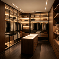 Armoire Modulaire Moderne Personnalisée avec Panneaux en Verre Trempé, Îlot Central de Rangement, Table de Dressing pour Villa