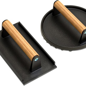 Presse à hamburgers ronde et rectangulaire avec poignée en bois, presse à hamburgers de qualité alimentaire pour viande, bacon cuit au feu, steak - Product Image 2