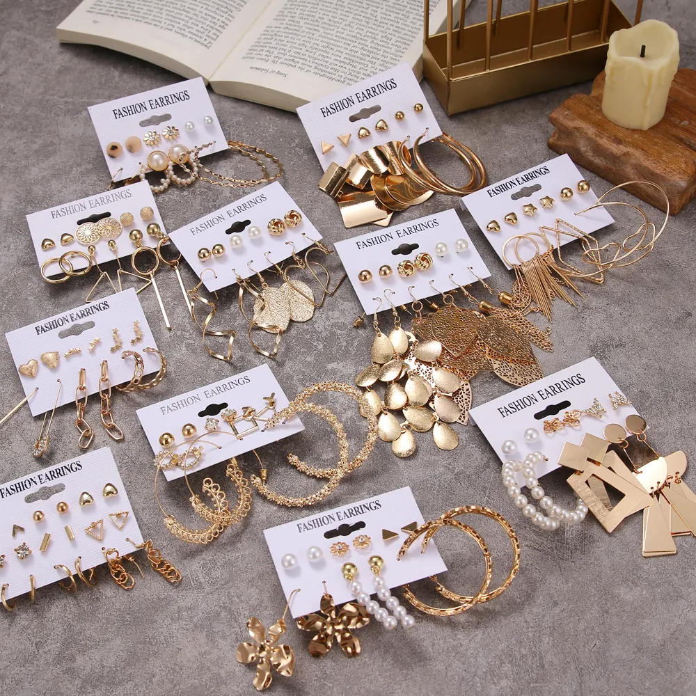 VKME Gold Plating Mixed Designs Hoop Earrings Sets Crystal Stud Big Hoop Chain Dangle Jewelry Earrings Set for Women