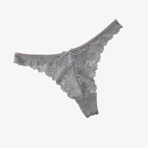 Women Floral Lace <b>Thong</b> Underwear Low-Rise <b>Seamless</b> Ultra-Thin Sexy Style Knitted Panties Gray - Product Image 3