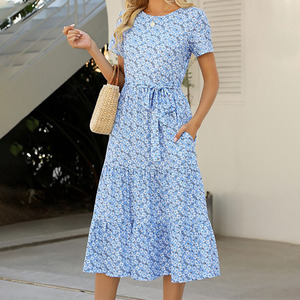 Custom Women'S <strong>Petite</strong> Summer Casual Tiered Midi <strong>Dress</strong> Woman Short Sleeve Belted Ruffle Babydoll <strong>Boho</strong> Sundress With Pockets - Product Image 4