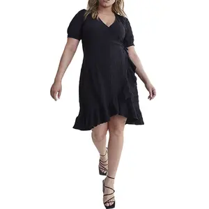 हॉट सेलिंग बुटीक महिलाओं की ग्रीष्मकालीन पोशाक ब्लैक रफ़ल्ड एज रैप नवीनतम डिज़ाइन सॉलिड पैटर्न फैब्रिक सिंपल स्टाइल लाइटवेट