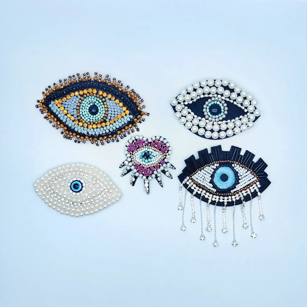 Moda Vestuário Headwear Decoração Mal Olhos Em Forma De Cristal Ferro Em Patches Strass Frisado Borla Applique