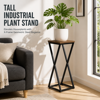 Support de plantes carré haut de gamme de style industriel, plateau en bois et piétement en fer robuste pour pot de fleurs, pour salon intérieur