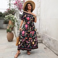 Robe maxi à fleurs à épaules dénudées, taille plus, robe longue à manches courtes brodée style bohème pour femmes, tenue de plage estivale