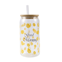 Gelas Kopi Tumbler 15oz Grosir Custom Cetak Motif Bunga Transparan dari Kaca Borosilikat dengan Tutup Bambu dan Sedotan