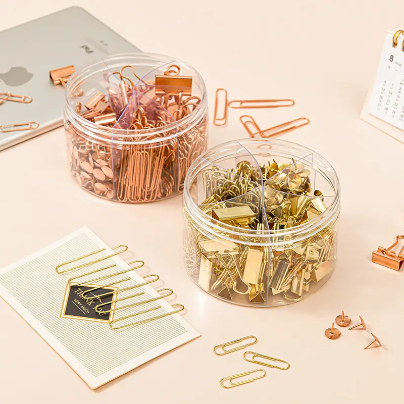 Electroplated Rose Gold 6-frame Long Tail Clip Paper Clip Office Combination Metal Pin Thumbtack Binding Storage Set