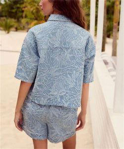 2025 été Vintage costume décontracté poche ample à manches courtes Denim chemise Shorts motif solide au-dessus du genou longueur tricot tissu - Product Image 3