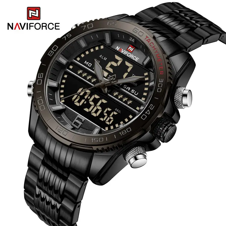 NAVIFORCE 9195S Mens Multi Function Waterproof Sports Watch Fashion Stainless Steel Chain Analog LED Watch