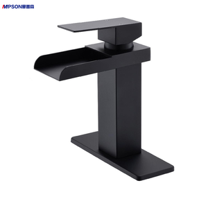 Robinet de <span class=keywords><strong>lavabo</strong></span> cascade noir moderne et minimaliste en céramique et acier inoxydable, à montage sur plan, avec bec carré large, pour eau chaude et froide - Product Image 1