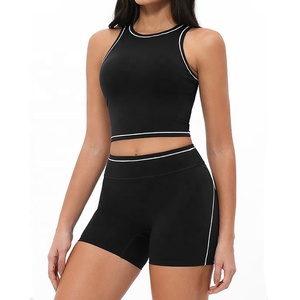 Ensemble <span class=keywords><strong>de</strong></span> <span class=keywords><strong>yoga</strong></span> et fitness pour femmes avec logo personnalisé, effet seconde peau, soutien élevé, soutien-gorge <span class=keywords><strong>de</strong></span> sport et short, surpiqûres contrastées, 2 pièces, <span class=keywords><strong>tenue</strong></span> <span class=keywords><strong>de</strong></span> sport pour la gym - Product Image 1
