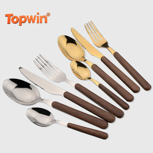 Ensemble de couverts de cuisine en acier inoxydable moderne de Chine, manches en bois, poli miroir, durable, passe au lave-vaisselle, couteau, fourchette, cuillère - Product Image 1