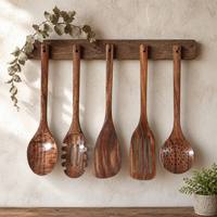 Ensemble d'ustensiles de cuisine en bois de teck : Cuillère, Spatule, Spatule ajourée, Écumoire, Cuillère à pâtes, Ustensiles à long manche compatibles antiadhésifs
