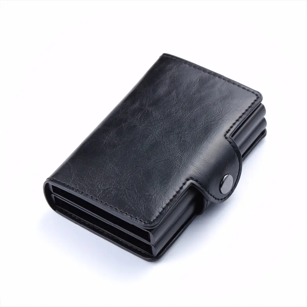 Оптовая продажа с фабрики, двойной металлический футляр с логотипом на заказ, черный держатель для карт для делового бумажника, кошельки для кредитных карт с блокировкой Rfid