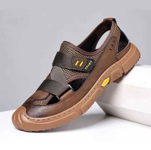 UP-4064r Men Breathable Mesh Sandals Casual Dress Shoes Driving Flat Comfortable Soft Genuine Leather Shoes