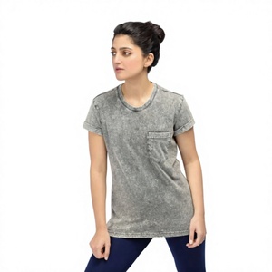 T-shirt en coton gris délavé à manches courtes, col rond, coupe ajustée, motif tricoté respirant sur le devant, motif lettres, pour femme - Product Image 1