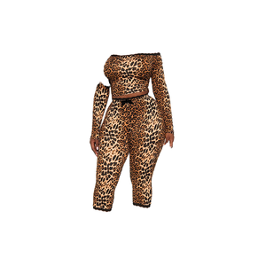 New Autumn Bow Collar <b>Leopard</b> <b>Print</b> Two-Piece <b>Legging</b> Set with Off-Shoulder Long Sleeve Crop Top and Slim Fitness Pants - Product Image 1