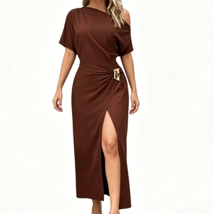 Abito lungo da donna con spalle scoperte, arricciato, scollo asimmetrico, spacco, <span class=keywords><strong>per</strong></span> serate formali, con fibbia decorativa, Sehe Fashion - Product Image 2