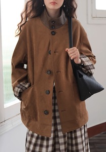 Giacca Autunnale Vintage da Donna, <span class=keywords><strong>Trench</strong></span> <span class=keywords><strong>Marrone</strong></span> Monopetto con Decorazione in Pelliccia di Coniglio, Tessuto Scamosciato Traspirante - Product Image 2