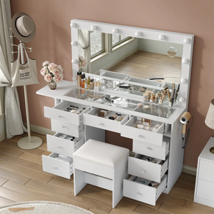 Coiffeuse avec prise <span class=keywords><strong>de</strong></span> courant, bureau <span class=keywords><strong>de</strong></span> toilette avec miroir et lumières LED, plateau en verre, ensemble <span class=keywords><strong>de</strong></span> coiffeuse, table à langer avec panneau rabattable - Product Image 3