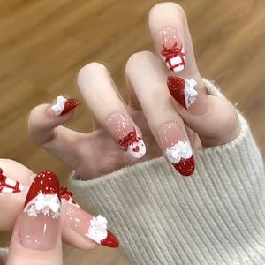 Ongles press-on blancs à lacets faits main de haute qualité, style français, détachables, pour l'automne, l'hiver, Noël et le Nouvel An - Product Image 3