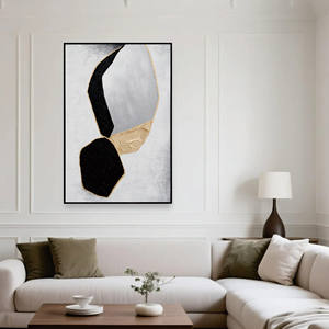 أشكال هندسية فنية جدارية مجردة بأشكال هندسية باللون الأسود والرمادي والذهبي مع لوحات مناظر طبيعية بحافة سوداء - Product Image 2