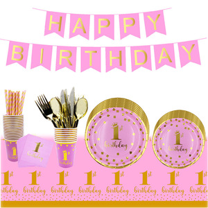 Ensemble de vaisselle en papier pour fête d'<span class=keywords><strong>anniversaire</strong></span> de bébé fille, thème couronne, 1er <span class=keywords><strong>anniversaire</strong></span>, rose, fournitures pour fête d'enfant - Product Image 2