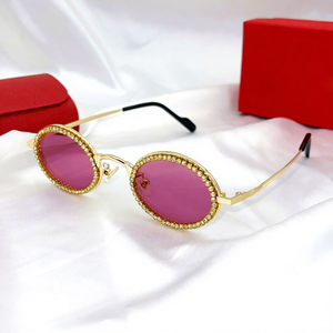 Luxurious Fashion Rectangle Rimless <b>Sunglasses</b> Moissanite Crystal Accents Gold Frame Anti-Reflective Pink Mirror Lenses UV - Product Image 1