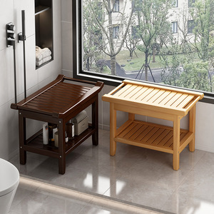 Tabouret de douche en bambou avec rangement multi-niveaux, banc de salle de bain, repose-pieds, siège de salon, design en bois durable - Product Image 1