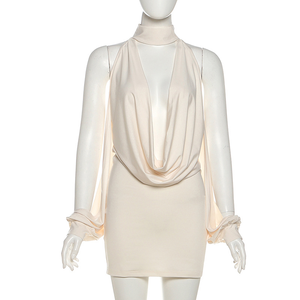 Abito casual <span class=keywords><strong>autunno</strong></span>/inverno a maniche lunghe con scollo a V profondo, gonna corta a balze, vita naturale elasticizzata, linea ad A, effetto snellente - Product Image 5