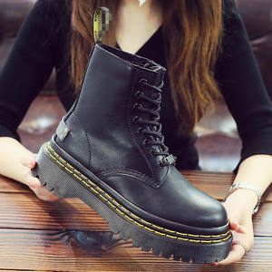 Kalın Soled 8-hole kısa çizmeler kadınlar yüksek üst hakiki deri çift sarı çizgiler öğrenci orta topuk yuvarlak ayak erkekler kısa çizmeler - Product Image 4