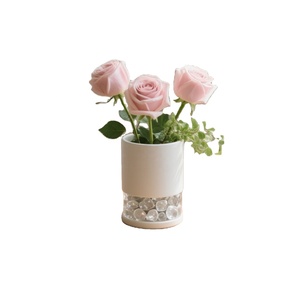 Flores artificiales rosas de terciopelo rosa verde blanco maceta cilíndrica elegante adecuado para mesa de centro de sala de estar - Product Image 1