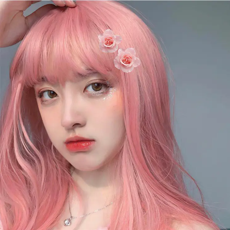 Ainizi Koreaanse Stijl Lolita 55Cm Lange Rechte Strawberry Smoothie Fashion Synthetisch Haar Pruiken Met Pony Voor Vrouwen