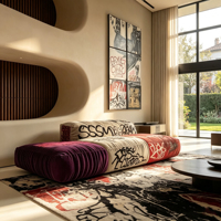 Canapé modulaire en velours patchwork en forme de L, style graffiti personnalisé, pour salon commercial