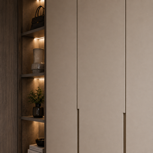 Armoire avec portes neutres chaudes, une niche de rangement en bois foncé et un espace de rangement pleine hauteur - Product Image 5