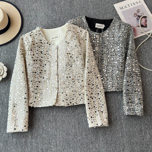 Veste Tweed Femme Klijuiaup - Blazer Court, Laine, Automne/Hiver, Taille S-2XL