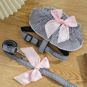 Harnais rayé bleu pour animaux de compagnie avec nœud rose pour chats et chiens, taille petite et moyenne, ceinture de traction en polyester - Product Image 5