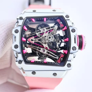 Montre sport et décontractée légère, entièrement squelettée, de forme tonneau, en rose et blanc. - Product Image 2