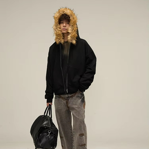 Manufacturer Custom Logo Autumn Silk Screen Digital Anti-Wrinkle Heavyweight 500 Gsm Boxy Faux Fur <b>Zip</b>-<b>Up</b> <b>Jacket</b> Hoodie Men - Product Image 1