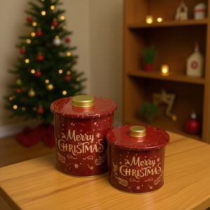 Homeera Christmas Storage Tin Can Red Iron Round Decorative Container For Holiday Decoration 2 Sizes Set - Product Image 2